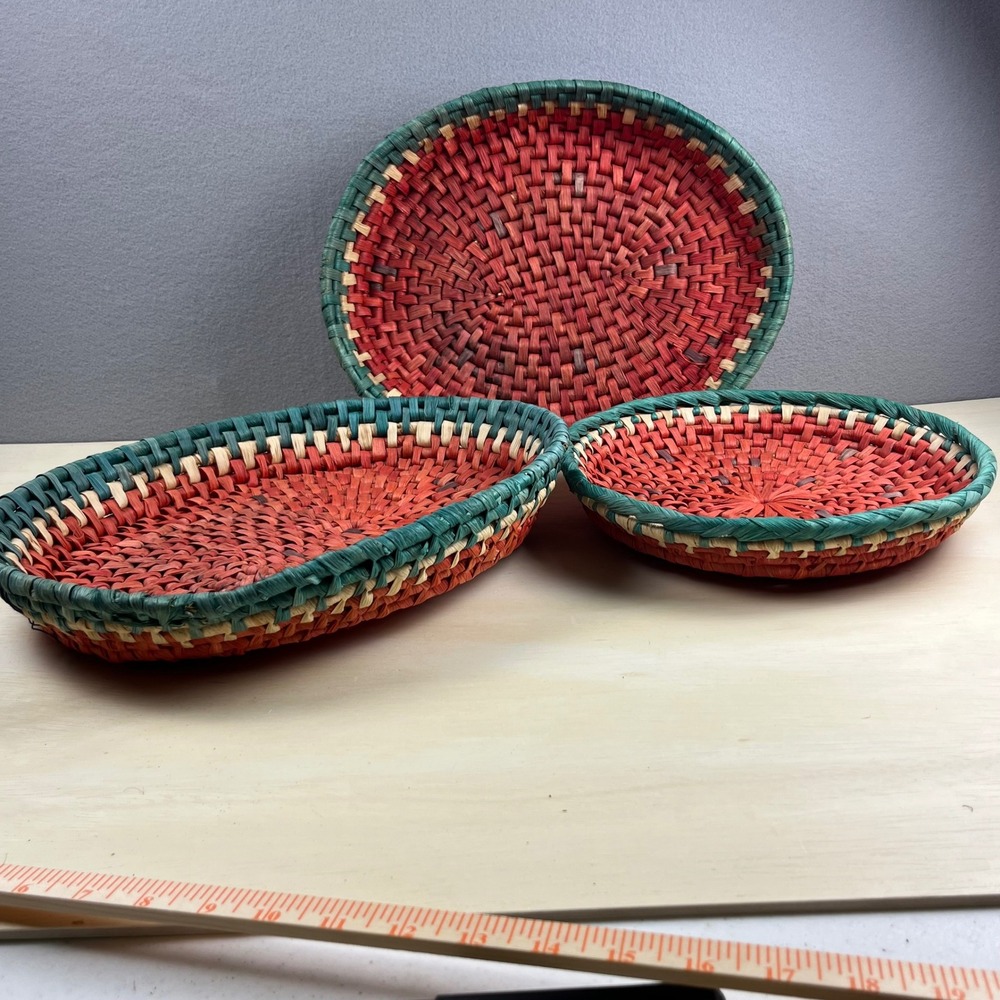 Watermelon Woven Raffia Basket Set 3pc Red Green Boho Decor Trays Round Oval